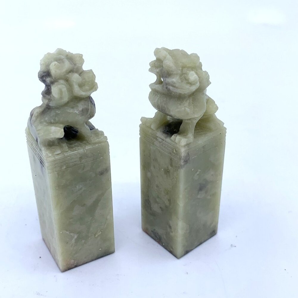 Vintage Chinese Soapstone Foo Dog Seal Pair DRAGON & EXCELLENT 2.5" Carved Chop - Picture 3 of 9
